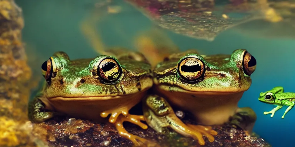 Prompt: a very intricately detailed underwater photo of a frogs cuddling. a lot of bubbles, diffracting the light. small curious fish in the background. extreme detail, artstation hq, 8 k