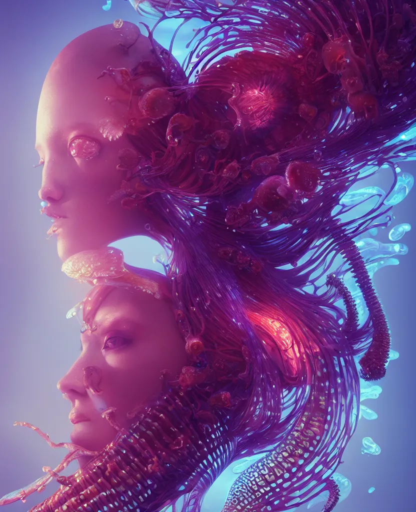 Image similar to goddess close-up portrait. orchid jellyfish phoenix head, nautilus, skull, betta fish, bioluminiscent creatures, intricate artwork by Tooth Wu and wlop and beeple. octane render, trending on artstation, greg rutkowski very coherent symmetrical artwork. cinematic, hyper realism, high detail, octane render, 8k