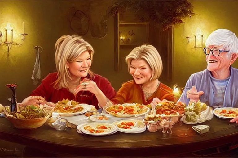 Image similar to martha stewart and phil donahue having a romantic spaghetti dinner, an oil painting by ross tran and thomas kincade