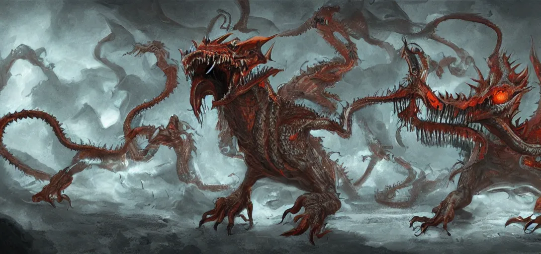 Image similar to concept art of dragon attack, lovecraftian, lots of teeth, melting horror, feathers, fighting the horrors of the unknown with laser guns