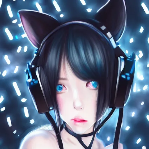 Image similar to realistic teasing detailed semirealism beautiful gorgeous cute Blackpink Lalisa Manoban white hair white cat ears blue eyes, wearing black camisole outfit, headphones, black leather choker full HD 4K high resolution quality WLOP, Aztodio, Taejune Kim, Guweiz, Pixiv, Instagram, Artstation