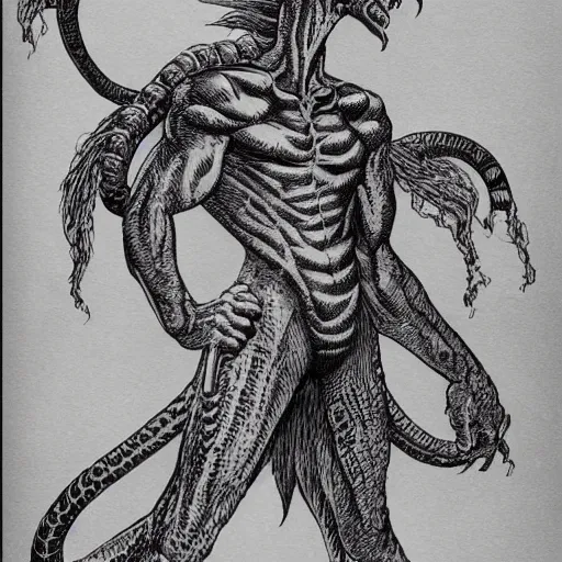 Image similar to a male naga, serpent body, kentaro miura art style