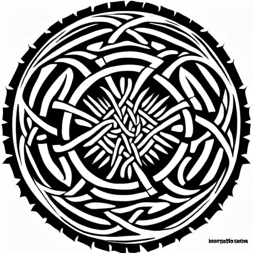 Image similar to a circular vector tattoo design in a spiky tribal style, and in a celtic knot style.