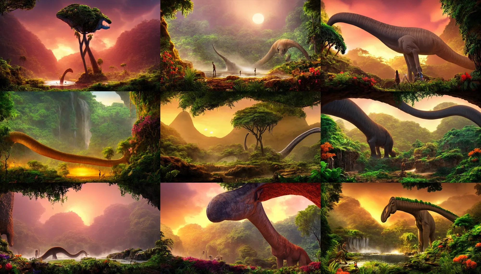 Prompt: a humongous brachiosaurus in a prehistoric jungle cave, lush flora, waterfall, mountains, flowers, vines, orange sky, dark, sunset, hazy, volumetric lighting, rtx on, photorealistic render, beautiful, stunning, ultra - detailed