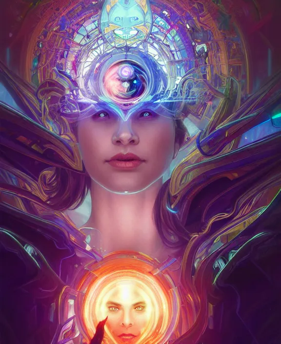 Image similar to a whirlwind of souls rushing inside the metaverse, half body, glowin eye, tiara with sapphire, pharaoh, android, cyborg, cyberpunk face, d & d, fantasy, intricate, elegant, highly detailed, colorful, vivid color, digital painting, artstation, concept art, art by artgerm and greg rutkowski and alphonse mucha and ruan jia