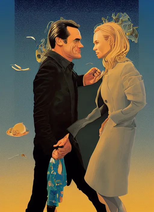Image similar to poster artwork by Michael Whelan and Tomer Hanuka, Karol Bak of Naomi Watts & Jon Hamm husband & wife portrait, in the pose of 'Along Came Polly' poster, from scene from Twin Peaks, clean, simple illustration, nostalgic, domestic, full of details