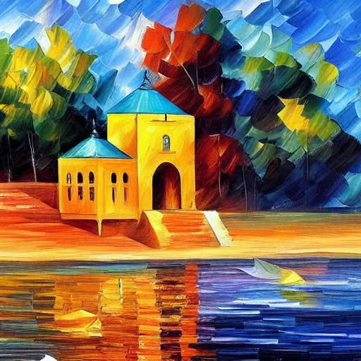 Image similar to a moroccan house on the lake, by leonid afremov