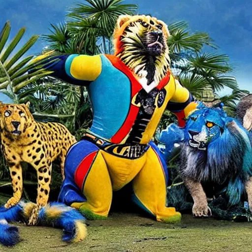 Prompt: a brazilian - themed megazord, composed of a jaguar, a blue arara, a golden lion tamarin, a guara wolf and a capibara