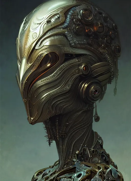 Image similar to organic cyborg drahon mask, diffuse lighting, fantasy, intricate, elegant, highly detailed, lifelike, photorealistic, digital painting, artstation, illustration, concept art, smooth, sharp focus, art by John Collier and Albert Aublet and Krenz Cushart and Artem Demura and Alphonse Mucha