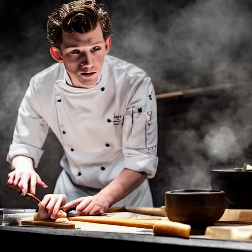 Image similar to Tom Holland with a beard as a chef making sushi, Cinematic shot, studio lighting
