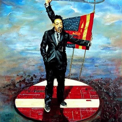 Image similar to by tim okamura improvisational salvador dali. a beautiful installation art of astronaut standing on a planet with a flag in the background.