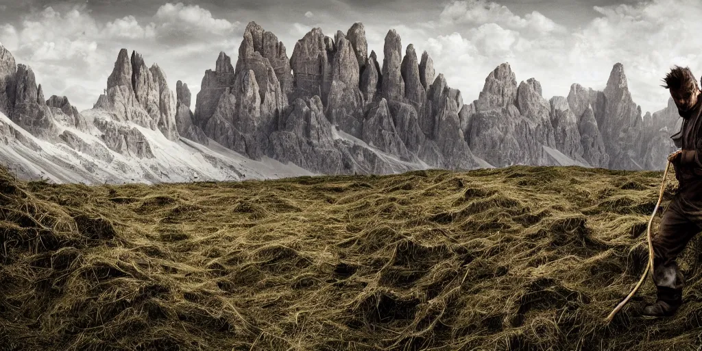 Image similar to alpine farmer transforming into a monster ,roots and hay coat, dolomites in background, dark, eerie, despair, portrait photography, artstation, highly detailed, sharp focus, by cronneberg