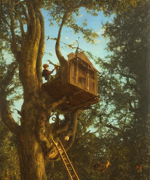 Image similar to masterful oil on canvas painting, eye - level view, shot from 5 0 feet distance, of a kid playing in a treehouse. in the background is a whimsical sparse forest. by ambrosius benson and gerald brom. golden hour, detailed, depth, volume, chiaroscuro, quiet intensity, vivid color palette.