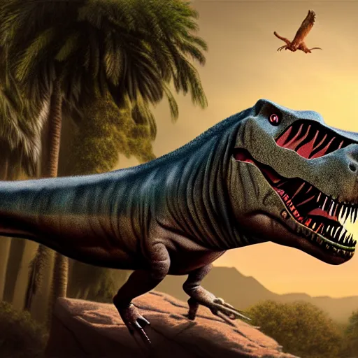 Image similar to Jesus as a t-rex, matte painting, 4K