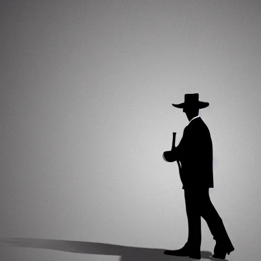 Prompt: mysterious man in black suit and black hat, he has a pistol!!, mysterious, 4 k, highly detailed, digital art, strong shadows, high contrast, epic scene, atmospheric, blue colours, award winning photo