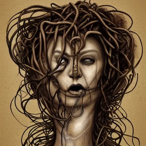 Prompt: surrealism grunge cartoon portrait sketch of Medusa, by michael karcz, loony toons style, freddy krueger style, horror theme, detailed, elegant, intricate