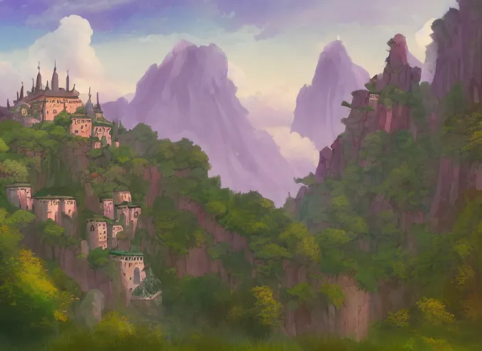 Image similar to view of a monastery on a forested mountain, in the style of studio ghibli, distant, detailed, artstation, award winning painting,