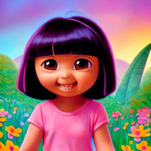 Image similar to dora the explorer as real girl in happy pose, detailed, intricate complex background, Pop Surrealism lowbrow art style, mute colors, soft lighting, pixar render by Mark Ryden , artstation cgsociety