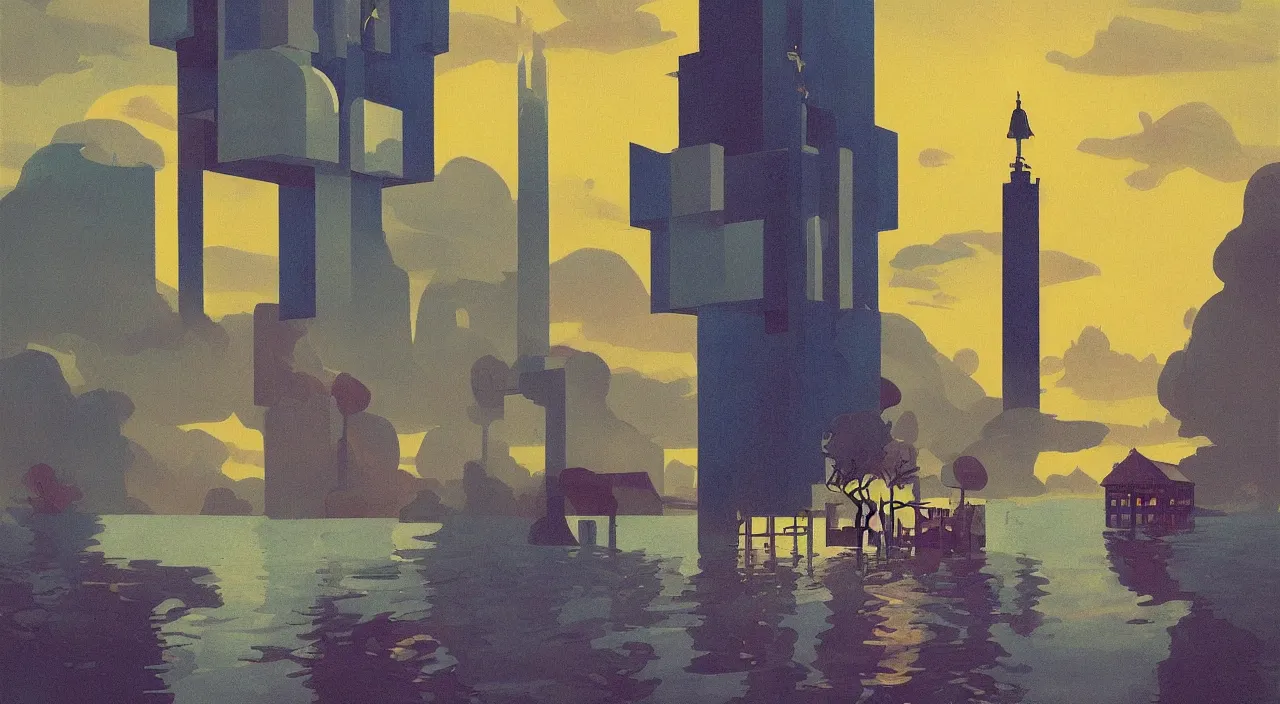 Image similar to single flooded simple! cosmic tower!, very coherent and colorful high contrast!! masterpiece by rene magritte simon stalenhag carl spitzweg syd mead norman rockwell edward hopper james gilleard, minimalist!, dark shadows, sunny day, hard lighting