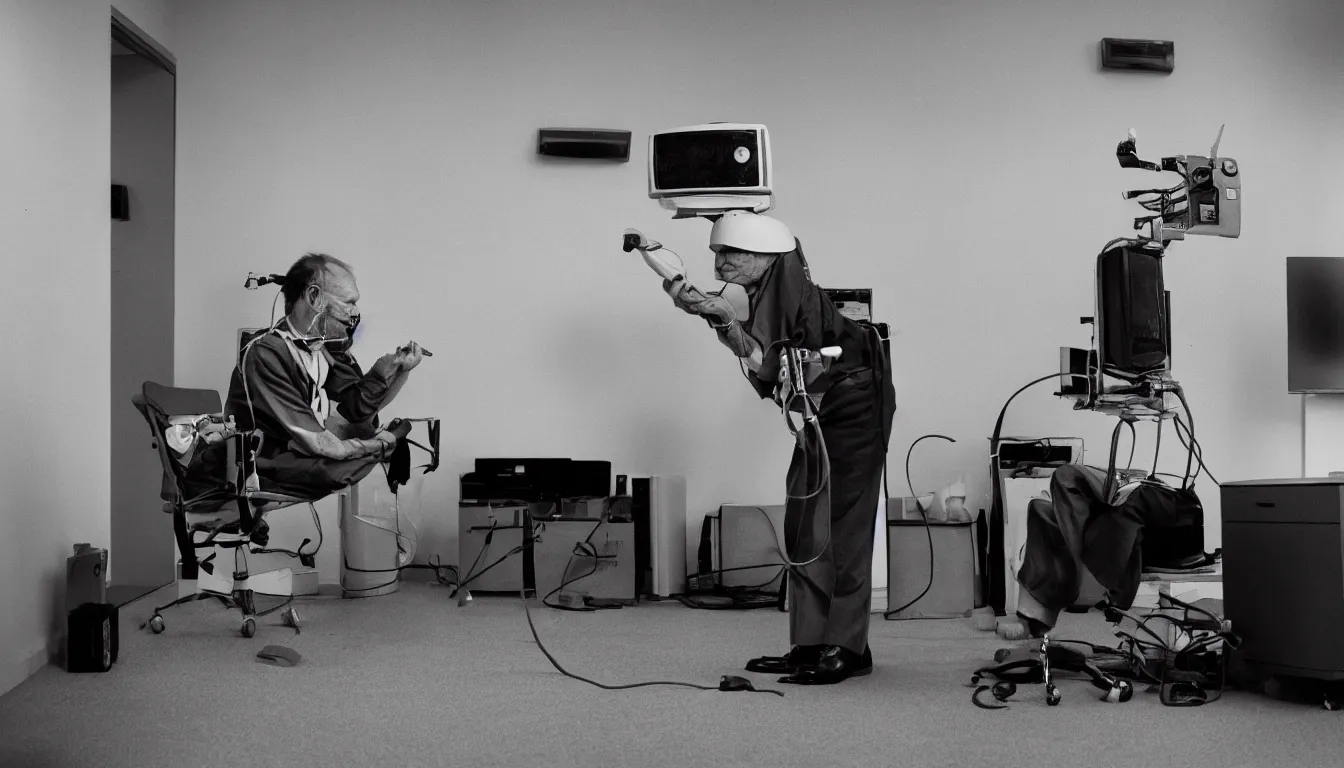 Image similar to In an call centre office, A skinny old Man with a old television strapped to his back ,flexible industrial pipes join his ears and mouth to the television, fibres trial on the floor ,Kodak portra 400