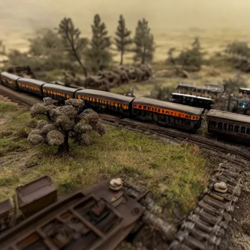 Image similar to a anthromorphic train post-apocalyptic miniatures wargame Photorealistic HD 8k highlights and shadow detailed High Resolution