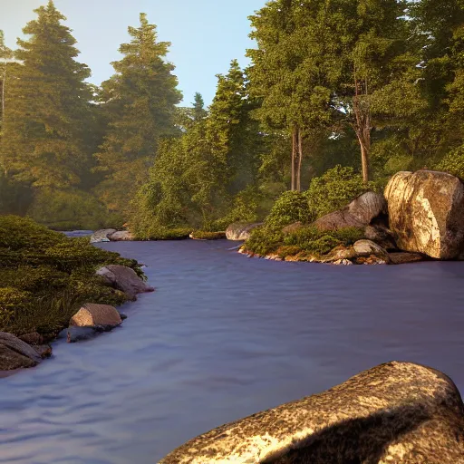 Image similar to a beautiful landscape, river, rocks, trees, volumetric lighting, octane render