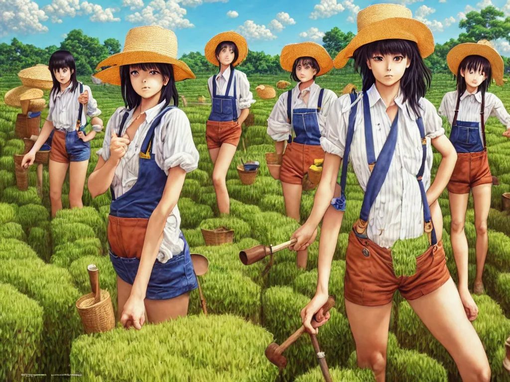 Prompt: mandragora farmer girls working on the sunny day, wearing a suspenders and straw hats, artgerm, artstation, art by hiroaki samura and jiro matsumoto and yusuke murata, box office hit, movie poster, unreal engine, octane render, sharp focus, high quality, highly detailed 8 k