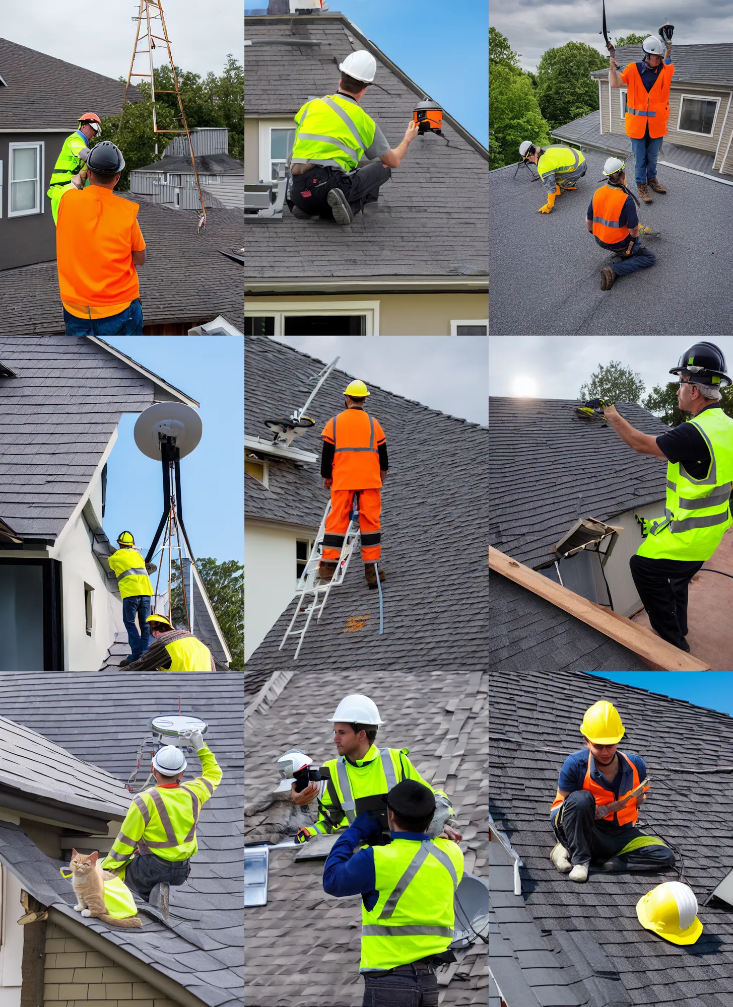 Prompt: Cat in a high-viz vest and hard hat, installing a wireless dish antenna on the roof of a house. f/22, 35mm, 2700K lighting, award winning photography.