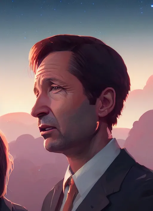 Prompt: highly detailed portrait of a mix of agent fox mulder and david duchovny looking at a ufo, unreal engine, fantasy art by greg rutkowski, loish, rhads, makoto shinkai and lois van baarle, ilya kuvshinov, rossdraws, tom bagshaw, global illumination, radiant light, detailed and intricate environment