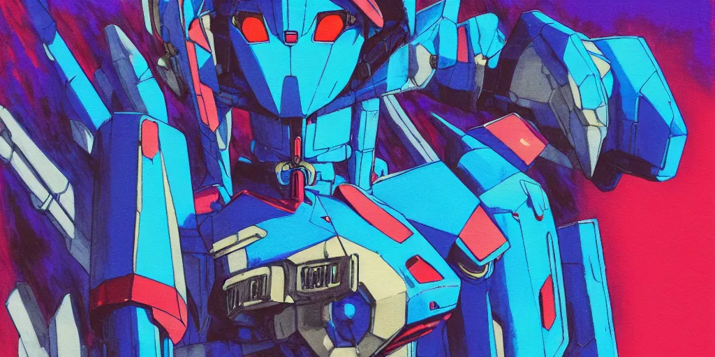 Prompt: risograph grainy painting of gigantic huge evangelion - like gundam mech face, with huge earrings and rings around head with a lot of details, covered with rich jewelry, blue hour, twilight, by moebius and dirk dzimirsky and satisho kon, close - up wide portrait