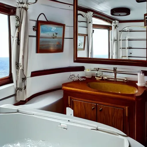 Image similar to a miniature tiny alaskan cruise ship, floating in a white old - fashioned bathtub,