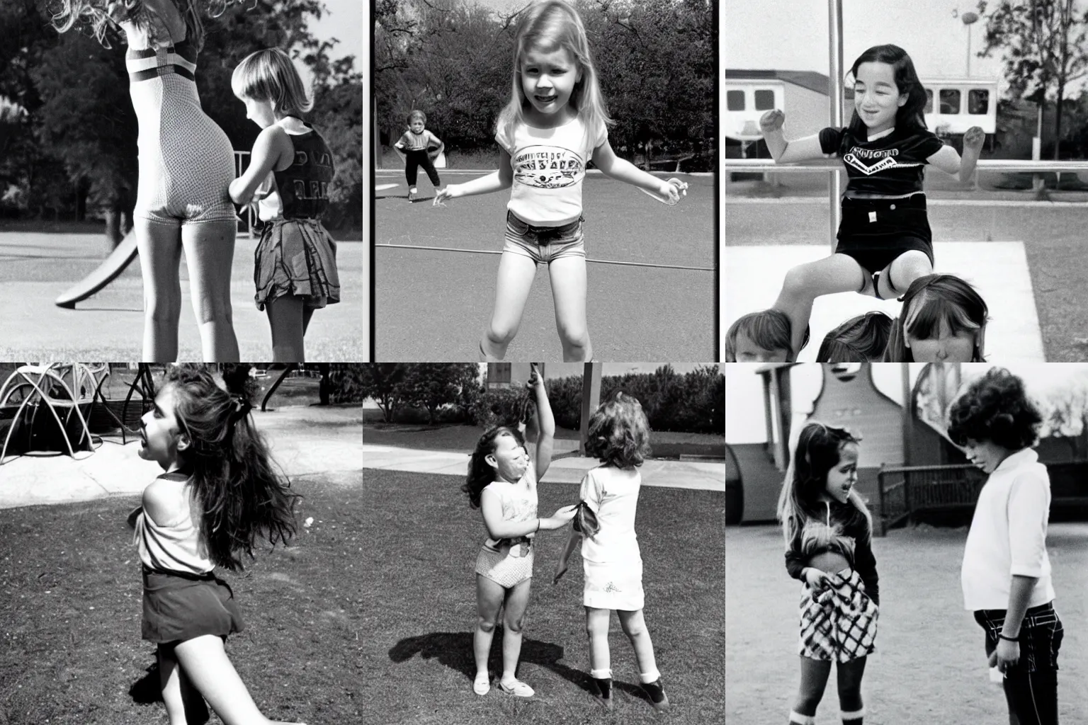 Prompt: A girl receives an atomic wedgie on the playground, 1980s, retro.