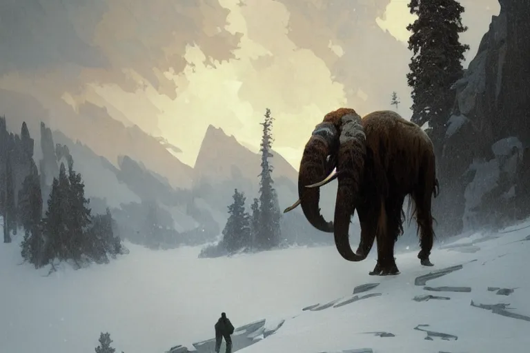 Image similar to a mammoth walking in a terrible snowstorm, luminous sky, by greg rutkowski and alphonse mucha, gradient brown to white, rocky mountains background, highly detailed landscape, digital painting, artstation, concept art, smooth, sharp focus illustration