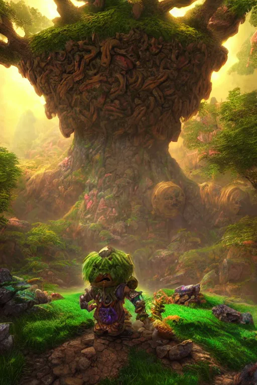 Image similar to zelda fantasy art giant golem troll wood rock greeble gemstone enchanted forest, global illumination ray tracing hdr fanart arstation by sung choi and eric pfeiffer and gabriel garza and casper konefal bastion forged hardmesh lisa frank zbrush central radiating a glowing aura global illumination ray tracing hdr