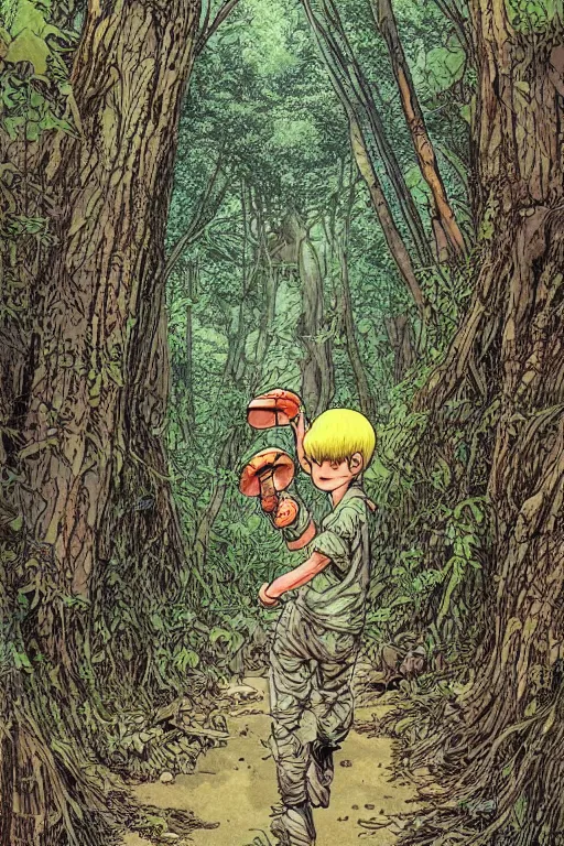 Prompt: young boy entering a huge mysterious and ominious forest, path, mushrooms, very graphic illustration by katsuhiro otomo and jean giraud, drawing, yoshitaka amano vibe, clean line, colorful comics style