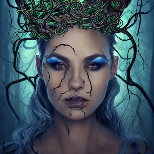 Image similar to dynamic portrait of the dark queen of snakes wearing a crown of vines, blue skin, realism, dark fantasy illustration, surrounded by snakes in a dead forest, dramatic lighting, octane render, artstation