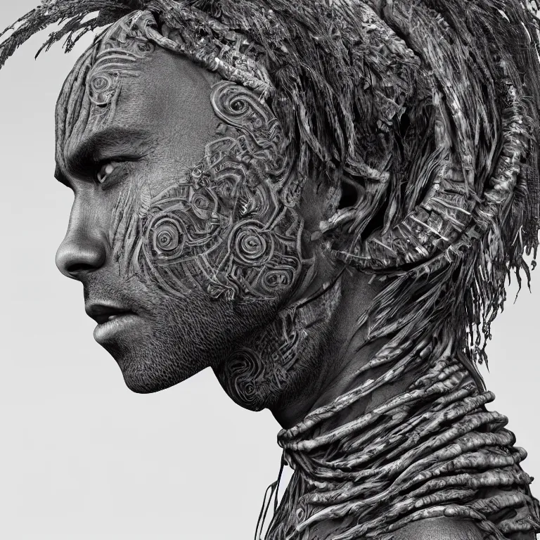 Image similar to surreal spinal ribbed tribal exotic organic face portrait of a beautiful aboriginal man, beautiful detailed intricate insanely detailed BW 3D render digital art, octane render, 8K artistic photography, photorealistic