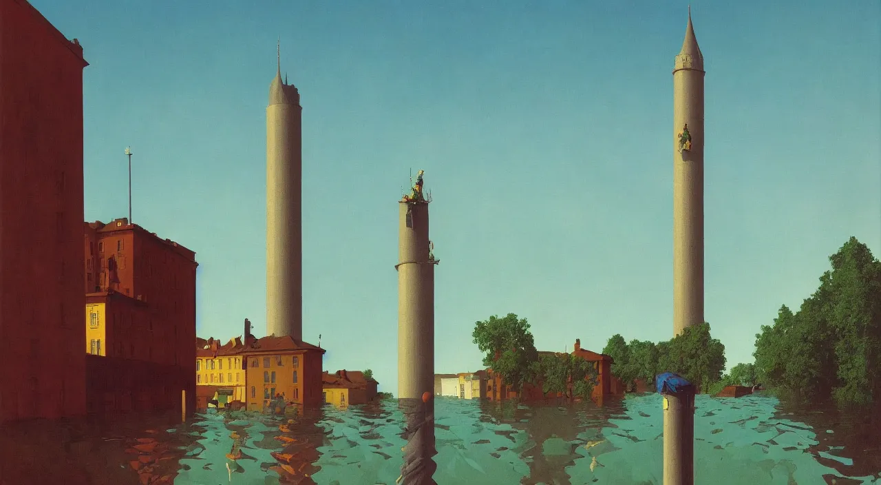 Prompt: single flooded simple falling! leaning tower, very coherent and colorful high contrast!! masterpiece by rene magritte simon stalenhag carl spitzweg syd mead norman rockwell edward hopper james gilleard, minimalist, dark shadows, sunny day, hard lighting