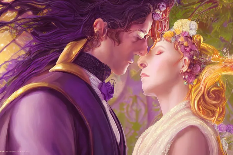 Image similar to a dreamlike cinematic portrait of wedding photograph close up moment of a divine a russia sun god and moon goddess lovers magician at a wedding banquet. portraiture. digital painting. artstation. concept art. fantasy wedding photo. digital painting, 8 k realistic, hyper detailed, violet evergarden art masterpiece by art by krenz cushart