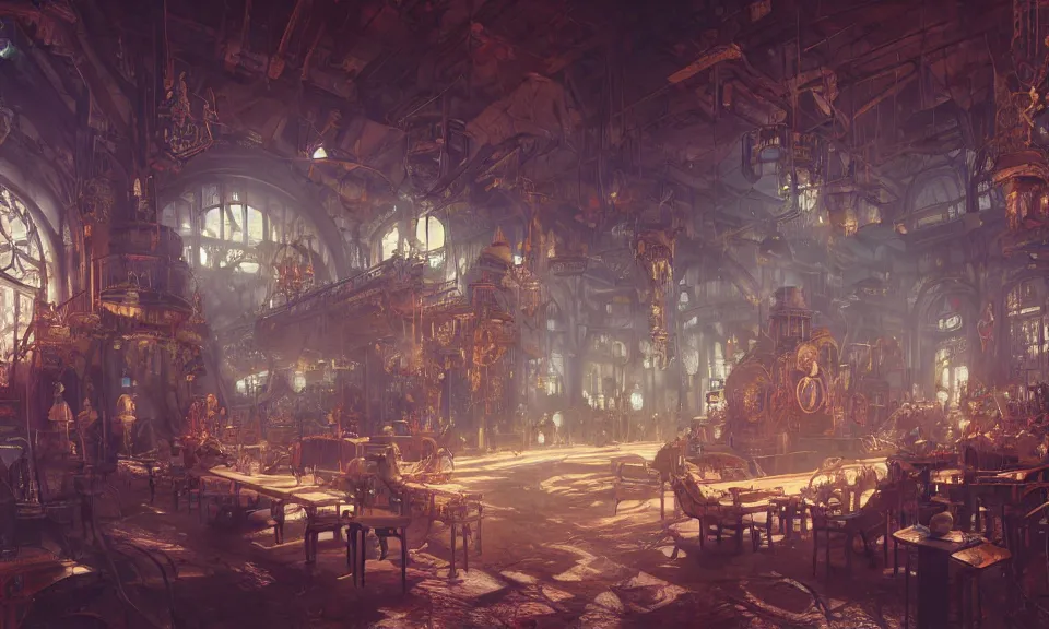 Prompt: Interior of a Steampunk amusement park Greg Rutkowski, ArtStation, CGSociety, ultra realistic, zenith view, ray tracing, 3d render, HDR, Unreal Engine