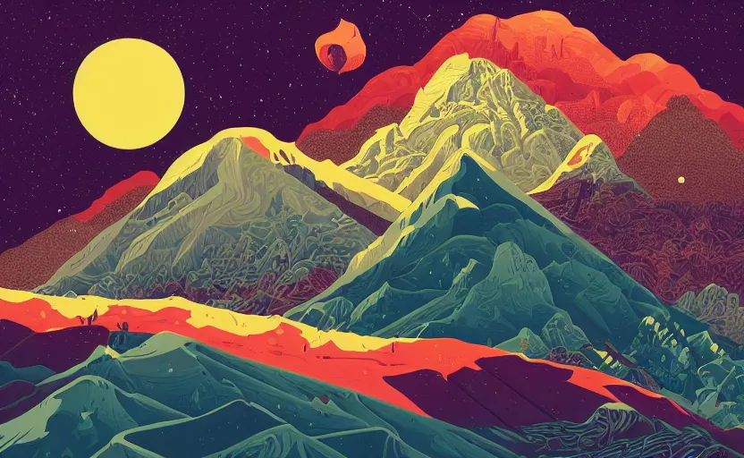 Image similar to mountains, stars and paisley filled sky, artstation, intricate, highly detailed, digital painting, concept art, sharp focus, illustration by tom whalen and charles williams and kilian eng and james jean