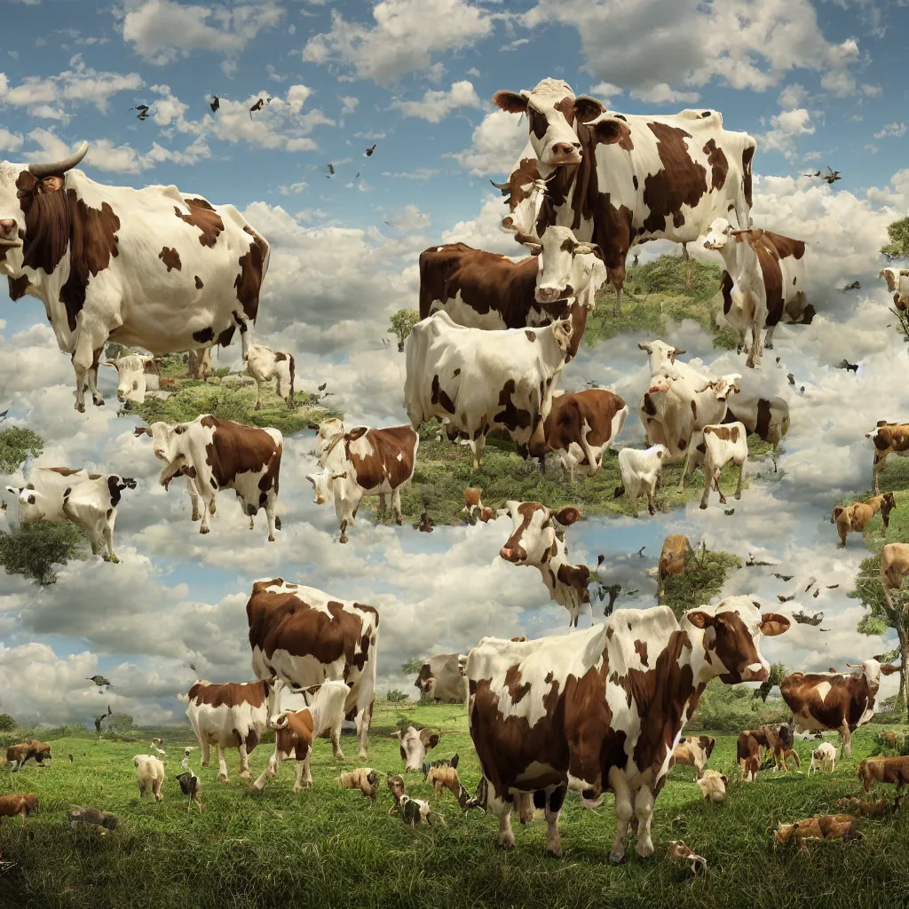 Image similar to a giant cow sitting with a lot of little cows around in a floating island, digital art