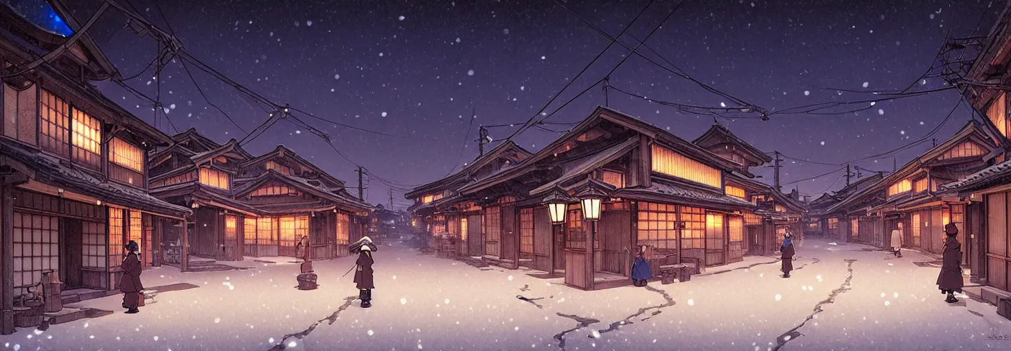 Image similar to empty rural japanese town at night, winter, in the style of studio ghibli, j. c. leyendecker, greg rutkowski, artem