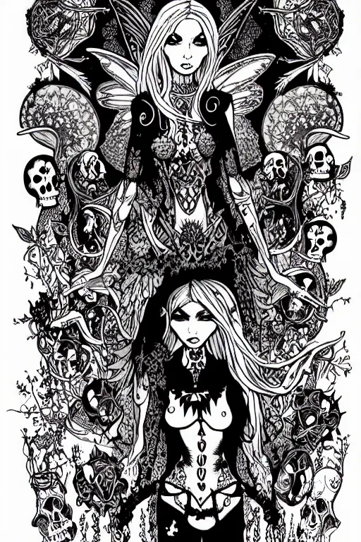 Image similar to a gothic fairy surrounded by skulls and mushrooms, fantasy graphic novel style, by wendy pini, intricate, fine inking lines, extremely detailed, flat colors