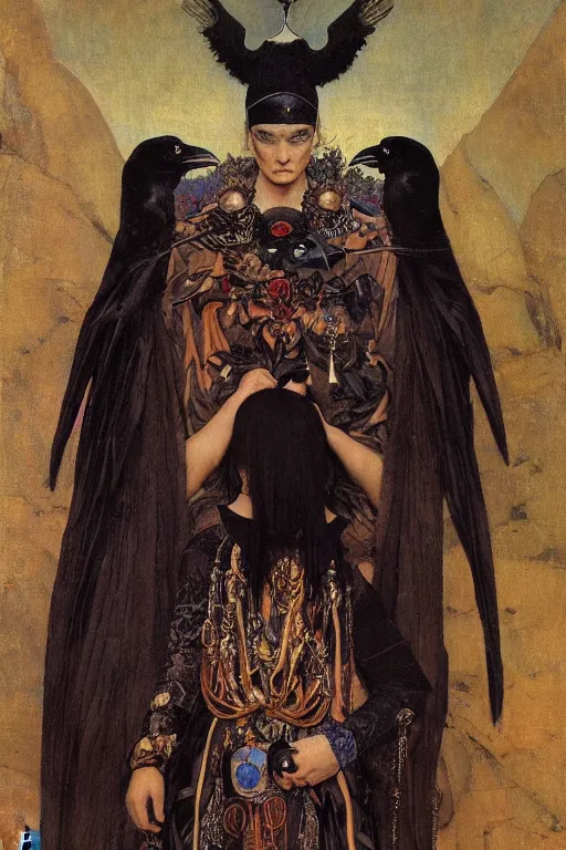 Image similar to a goth shaman with the head of a raven, by Annie Swynnerton and Nicholas Roerich and John Bauer and jean delville and John William Godward and Donato Giancola and Vermeer, black leather and embroidered velvet, iridescent beetles, rich color, dramatic cinematic lighting, featured on Artstation, extremely detailed
