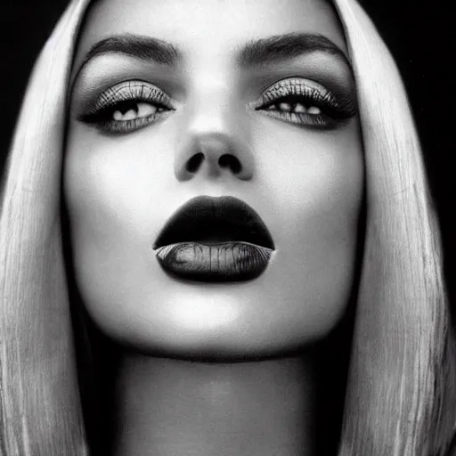 Prompt: black and white vogue closeup portrait by herb ritts of a beautiful female model, persian, lips, high contrast