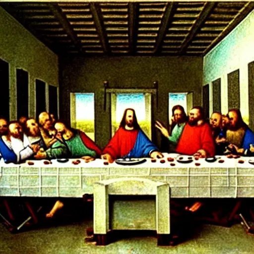 Prompt: the last supper, painted by canaletto hieronymus bosch