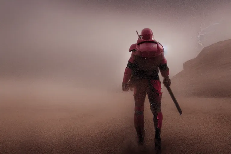 Image similar to a cinematic landscape photograph of a man dressed in red armour trekking through a desert, dust storm, thunder and lightning, lee madgwick and zack snyder, 8 k, hd, high resolution, 3 5 mm, f / 3 2, tenet