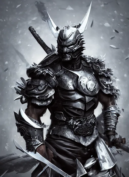 Image similar to An epic fantasy comic book style portrait painting of A black man wearing a silver samurai armor made of blades, Unreal 5, DAZ, hyperrealistic, octane render, cosplay, RPG portrait, dynamic lighting