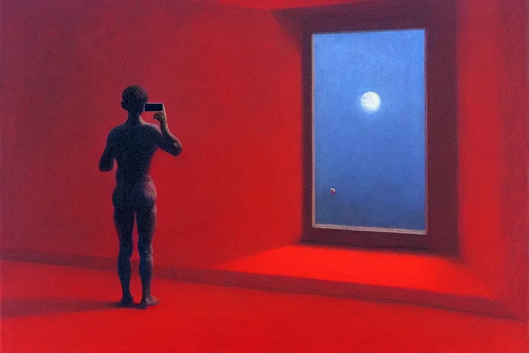Image similar to person taking a selfie alone in the universe, in the style of beksinski, parts by edward hopper, parts by rodcenko, parts by yue minjun, intricate and epic composition, red by caravaggio, insanely quality, highly detailed, masterpiece, red light, artstation, 4 k